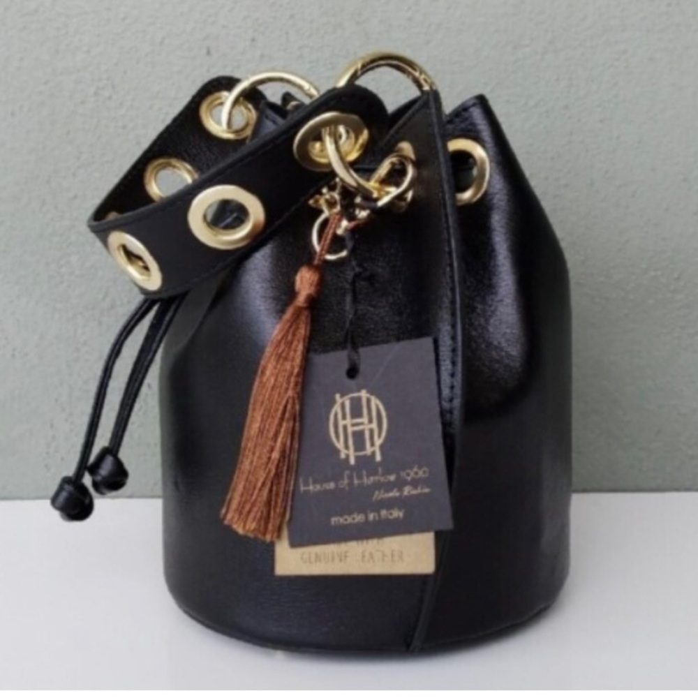 NWT House Of Harlow 1960 Leather Bucket Cinch Bag Purse, Made in Italy